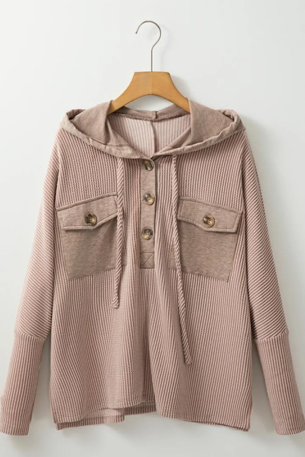 Sale Dear-Lover Flap Pocket Patchwork Corded Drawstring Hoodie Dark Brown