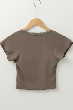 Best Dear-Lover Lace Splicing Criss Cross Slim Fit V Neck T Shirt Dark Brown