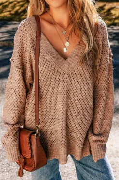 Fashion Dear-Lover Loose Eyelet V Neck Drop Shoulder Sweater Dark Brown