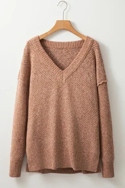 Fashion Dear-Lover Loose Eyelet V Neck Drop Shoulder Sweater Dark Brown