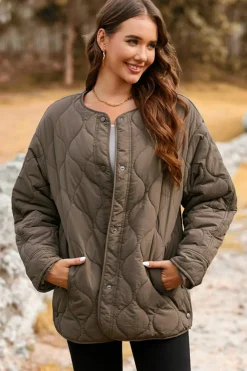 New Dear-Lover Snap Button Quilted Puffer Jacket Dark Brown
