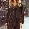 Clearance Dear-Lover Textured Velvet V Neck Shift Dress Dark Brown