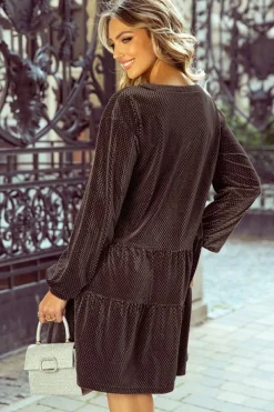 Clearance Dear-Lover Textured Velvet V Neck Shift Dress Dark Brown