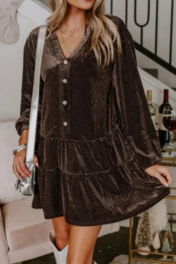 Clearance Dear-Lover Textured Velvet V Neck Shift Dress Dark Brown