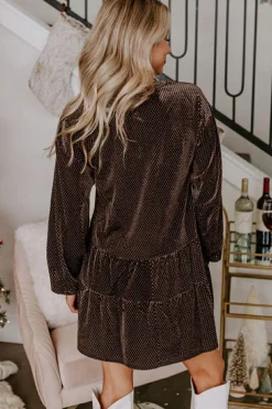 Clearance Dear-Lover Textured Velvet V Neck Shift Dress Dark Brown