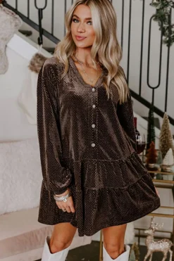 Clearance Dear-Lover Textured Velvet V Neck Shift Dress Dark Brown