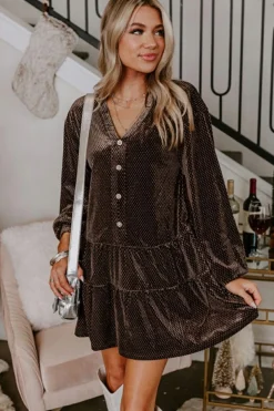 Clearance Dear-Lover Textured Velvet V Neck Shift Dress Dark Brown