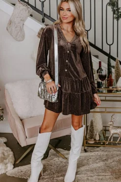 Clearance Dear-Lover Textured Velvet V Neck Shift Dress Dark Brown