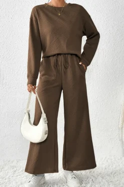 Fashion Dear-Lover Ultra Loose Textured 2pcs Slouchy Outfit Dark Brown