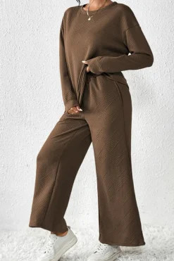 Fashion Dear-Lover Ultra Loose Textured 2pcs Slouchy Outfit Dark Brown