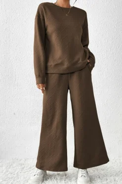 Fashion Dear-Lover Ultra Loose Textured 2pcs Slouchy Outfit Dark Brown