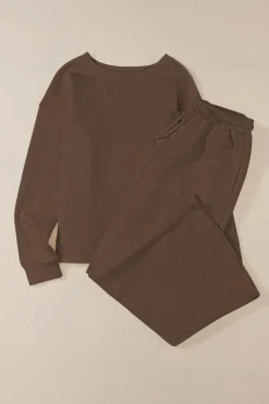 Fashion Dear-Lover Ultra Loose Textured 2pcs Slouchy Outfit Dark Brown