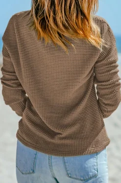 Hot Dear-Lover Waffle Knit Drop Shoulder Long Sleeve Top Dark Brown