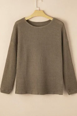 Hot Dear-Lover Waffle Knit Drop Shoulder Long Sleeve Top Dark Brown