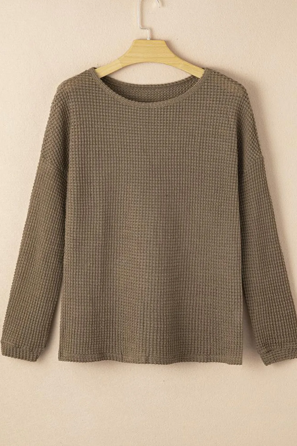 Hot Dear-Lover Waffle Knit Drop Shoulder Long Sleeve Top Dark Brown