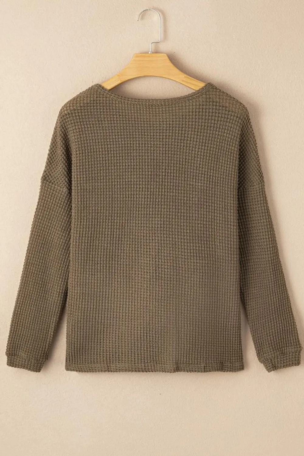 Hot Dear-Lover Waffle Knit Drop Shoulder Long Sleeve Top Dark Brown