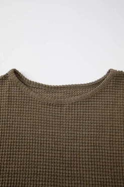 Hot Dear-Lover Waffle Knit Drop Shoulder Long Sleeve Top Dark Brown