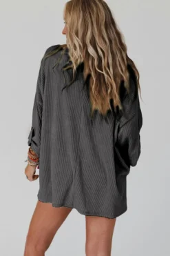Fashion Dear-Lover Dark Gray Ribbed Roll-tab Sleeve Chest Pocket Oversize Top Gray-2
