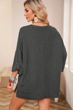 Fashion Dear-Lover Dark Gray Ribbed Roll-tab Sleeve Chest Pocket Oversize Top Gray-2