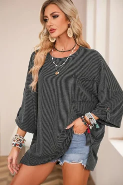 Fashion Dear-Lover Dark Gray Ribbed Roll-tab Sleeve Chest Pocket Oversize Top Gray-2