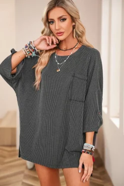 Fashion Dear-Lover Dark Gray Ribbed Roll-tab Sleeve Chest Pocket Oversize Top Gray-2