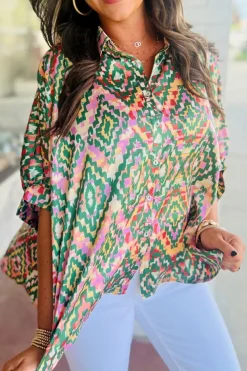 Best Dear-Lover Abstract Print Half Sleeve Button up Loose Shirt Dark Green