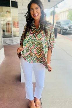 Best Dear-Lover Abstract Print Half Sleeve Button up Loose Shirt Dark Green
