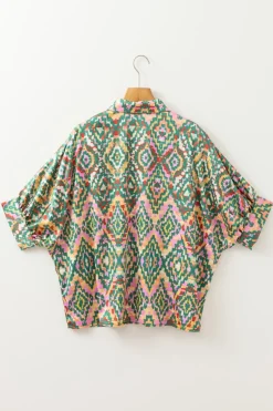 Best Dear-Lover Abstract Print Half Sleeve Button up Loose Shirt Dark Green