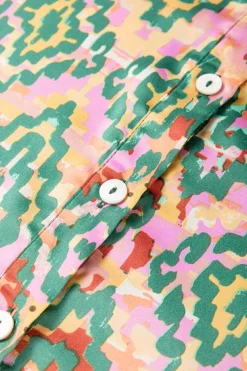Best Dear-Lover Abstract Print Half Sleeve Button up Loose Shirt Dark Green