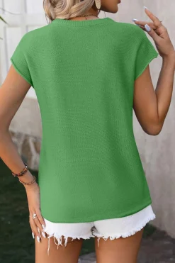Outlet Dear-Lover Cap Sleeve Round Neck Knitted Sweater Tee Dark Green