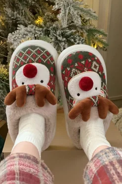 Discount Dear-Lover Christmas Cartoon Reindeer Plush Home Slippers Dark Green