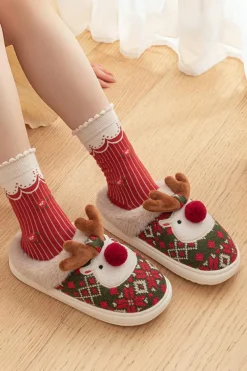 Discount Dear-Lover Christmas Cartoon Reindeer Plush Home Slippers Dark Green