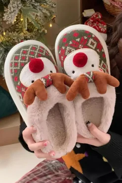 Discount Dear-Lover Christmas Cartoon Reindeer Plush Home Slippers Dark Green