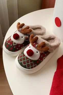 Discount Dear-Lover Christmas Cartoon Reindeer Plush Home Slippers Dark Green