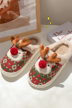 Discount Dear-Lover Christmas Cartoon Reindeer Plush Home Slippers Dark Green