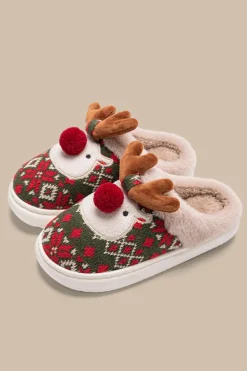 Discount Dear-Lover Christmas Cartoon Reindeer Plush Home Slippers Dark Green