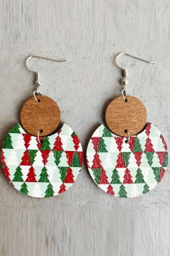 Outlet Dear-Lover Christmas Checker Graphic Wooden Earrings Dark Green