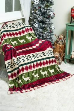 Fashion Dear-Lover Christmas Elk Print Reversible Sherpa Fleece Blanket Dark Green