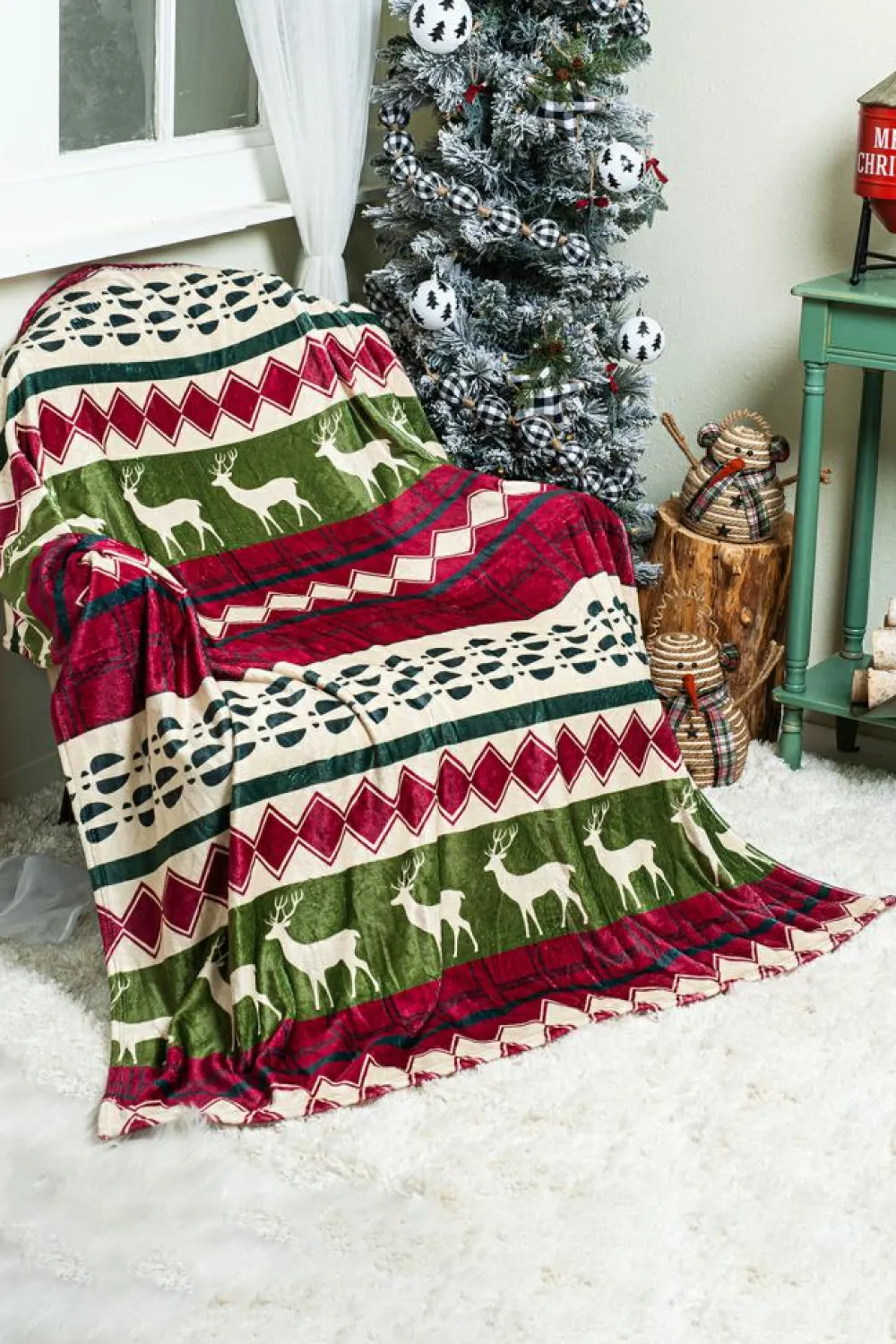 Fashion Dear-Lover Christmas Elk Print Reversible Sherpa Fleece Blanket Dark Green