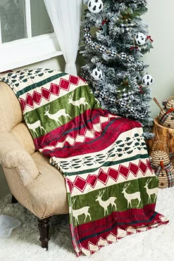 Fashion Dear-Lover Christmas Elk Print Reversible Sherpa Fleece Blanket Dark Green