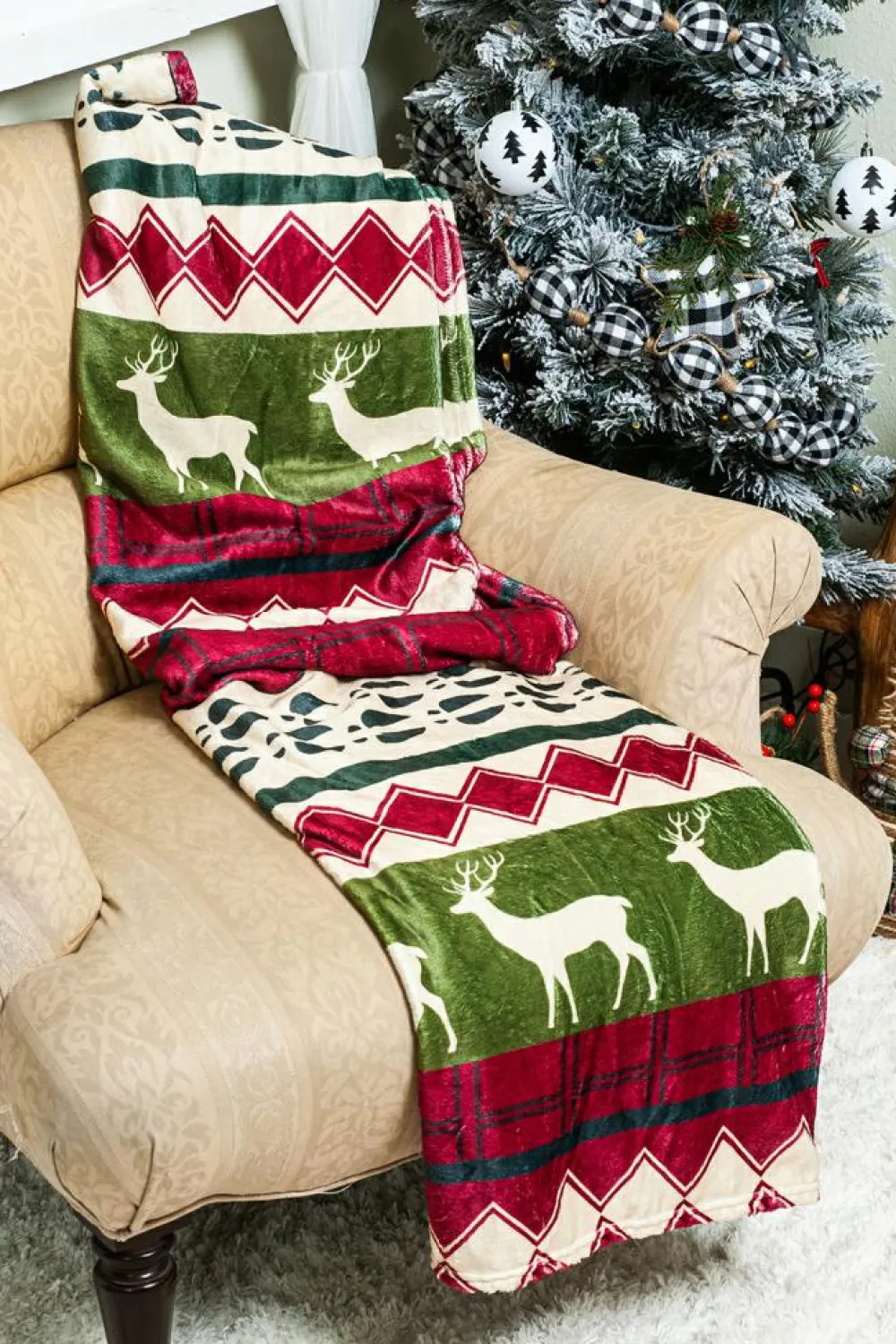 Fashion Dear-Lover Christmas Elk Print Reversible Sherpa Fleece Blanket Dark Green