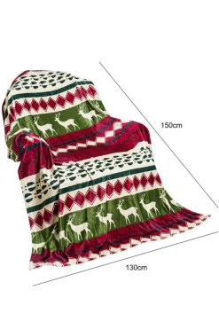 Fashion Dear-Lover Christmas Elk Print Reversible Sherpa Fleece Blanket Dark Green