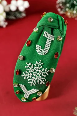 Hot Dear-Lover Christmas Rice Beaded Rhinestone Wide Headband Dark Green