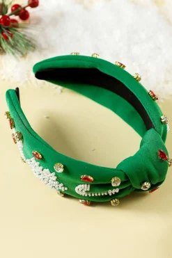Hot Dear-Lover Christmas Rice Beaded Rhinestone Wide Headband Dark Green