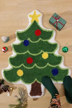Clearance Dear-Lover Christmas Tree Shape Non-Slip Plush Carpet Dark Green