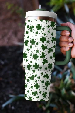 Clearance Dear-Lover Clover Print Thermos Cup with Handle 40oz Dark Green
