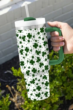 Clearance Dear-Lover Clover Print Thermos Cup with Handle 40oz Dark Green