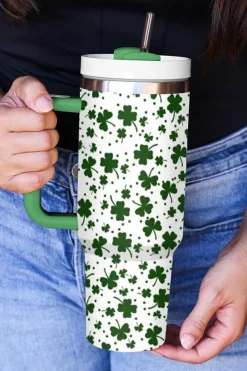 Clearance Dear-Lover Clover Print Thermos Cup with Handle 40oz Dark Green