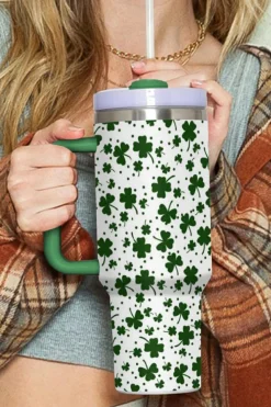 Clearance Dear-Lover Clover Print Thermos Cup with Handle 40oz Dark Green