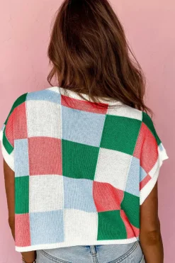 Fashion Dear-Lover Color Block Cap Sleeve Sweater Dark Green